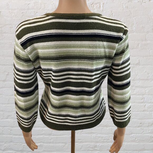 VINTAGE SUGAR -- Sweater, Lightweight, Green and White Striped, 3/4 Sleeves - Picture 9 of 16